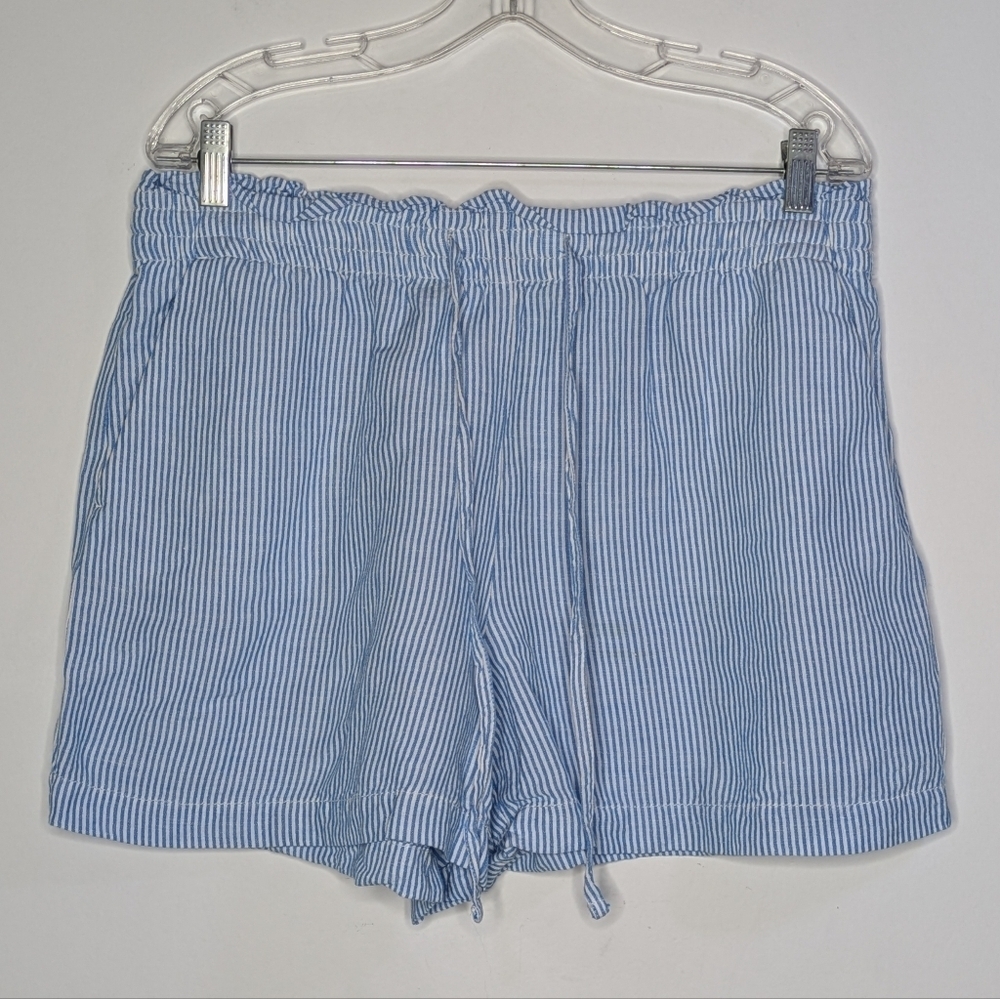 Loft Blue White Striped Drawstring Linen Blend Casual Summer Short L